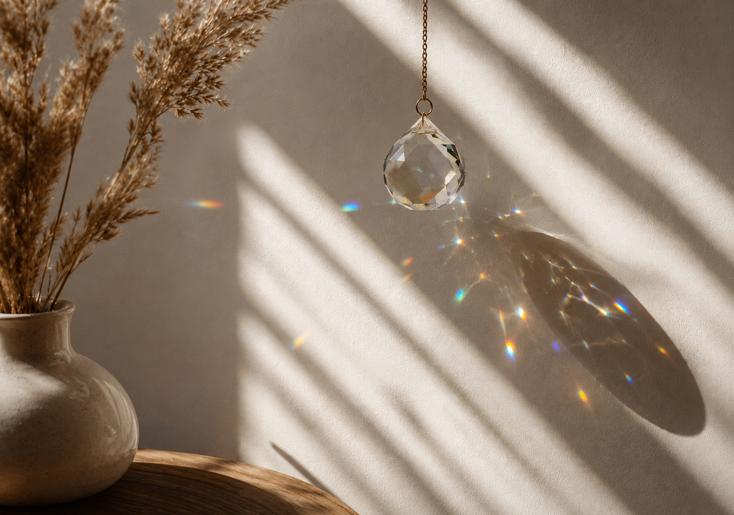 Zonlicht dat door een kristal op de muur valt